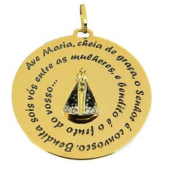 Medalha com Oração Ave Maria de Ouro 18K com Brilhantes e Safiras - J12800453 - RDJ Joias