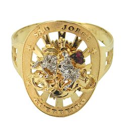 Anel São Jorge de Ouro com Brilhantes e Rubis - J12800497 - RDJ Joias