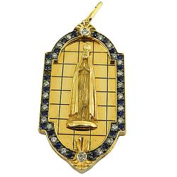 Pingente Nossa Senhora de Fátima Ouro 18K com Brilhantes e Safiras - J14500304 - RDJ Joias