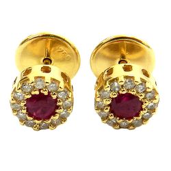 Par de Brincos Redondos Ouro 18K com 24 Diamantes e 2 Rubis - J15100082 - RDJ Joias