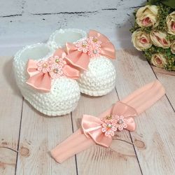 Kit Sapatinho de Tricô RN + faixa de cabelo - Bran... - Reart Baby