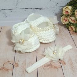 Kit Sapatinho de Tricô RN + faixa de cabelo - Off ... - Reart Baby