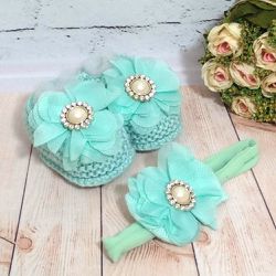 Kit Sapatinho de Tricô RN + faixa de cabelo - Verd... - Reart Baby