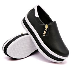 Slip On Zíper Sola Alta Preto Verniz Branco DKShoes - Rilu Fashion