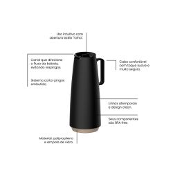 Bule Térmico Exata em Plástico Preto com Ampola de Vidro 1L - Tramontina 
