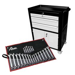 Carrinho Fechado p/ Ferramentas com 03 Gavetas Preto + Jogo de Chave Combinada 22 Peças