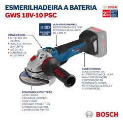Esmerilhadeira Bosch GWS 18V-10 PSC, 18V SB, 1000 W, em maleta