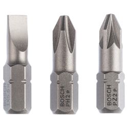 Jogo de Pontas para parafusar Bosch 25mm, 3 peças S1,0x5,5, PH2, PZ2 Extra Hard