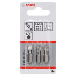 Jogo de Pontas para parafusar Bosch 25mm, 3 peças S1,0x5,5, PH2, PZ2 Extra Hard