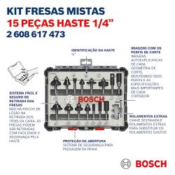 Jogo de fresas misto Bosch Standard encaixe de 1/4'' 15 peças