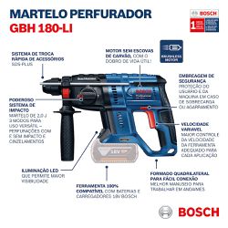 Martelete rompedor Bosch GBH 180-LI Brushless 18V 2 baterias em maleta