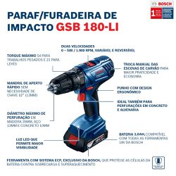 Parafusadeira e Furadeira de Impacto GSB 180-LI 18V, c/ 1 Bateria 2,0Ah, Carregador BIVOLT e Kit de Acessórios em Maleta - Bosch