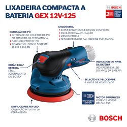 Lixadeira roto orbital a bateria Bosch GEX 12V-125, Brushless, SB