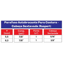 Kit Parafuso Autobrocante Costura RUSPERT 5,5 x 7/8'' - 58,0001 (Com 100 Unidades) - Nord