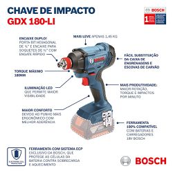 Chave de impacto a bateria Bosch GDX 180-LI, 180Nm, 18V SB