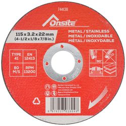 Disco de Corte Para Metal e Inox 4.1/2'' x 3,2mm x 7/8'' (744138) - Onsite