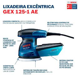 Lixadeira Roto Orbital Bosch GEX 125-1 AE 250W com 1 Coletor de pó