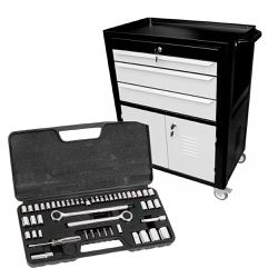 Carrinho Para Ferramentas Preto Com 3 Gavetas + Jogo de Soquete 52 Peças - Fercar
