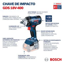 Chave de Impacto Bosch GDS 18V-400 18V Brushless 2 baterias e maleta