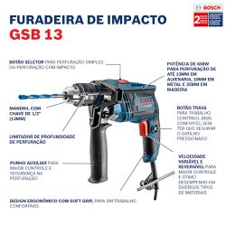Furadeira de Impacto Bosch GSB 13 RE 650W, com 5 Brocas em Maleta