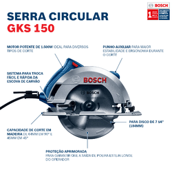Serra Circular Bosch GKS 150 1500W com 1 Disco de serra Guia paralelo e Bolsa de transporte