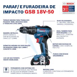 Parafusadeira Furadeira Impacto Brushless Bosch GSB 18V-50-1B | 1 bateria e maleta