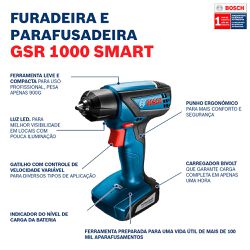 Parafusadeira Furadeira Bosch GSR 1000 Smart 12V 32 bits e maleta