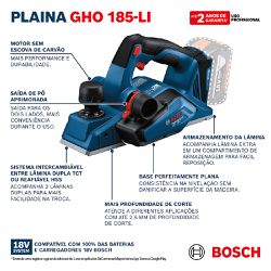 Plaina à Bateria 18V Brushless Com 2 Lâminas - SB (GHO 185 LI) - Bosch