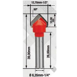 Fresa Para Tupia Rasgo em V 1/2'' x 1/4'' (91,0005) - Rocast