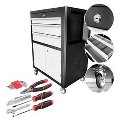 Carrinho Para Ferramentas Preto Com 3 Gavetas + Jogo de Ferramentas 16 Peças - Fercar