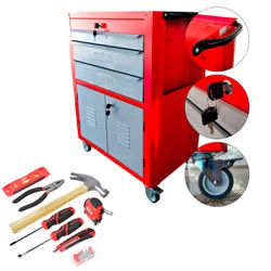 Carrinho Para Ferramentas Vermelho Com 3 Gavetas + Jogo de Ferramentas 8 Peças - Ferca
