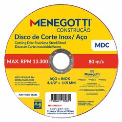 Disco de Corte Inox / Aço 115mm Com 10 Unidades MDC (63030119) - Menegotti