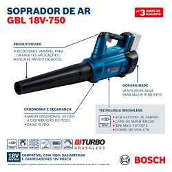 Soprador de Ar a Bateria GBL 18V-750 BiTurbo SB (06008D20E0) - Bosch