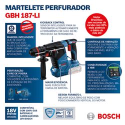 Martelete Rompedor 18V Com Maleta e 2 Baterias (GBH 187-LI) - Bosch 