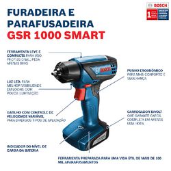 Parafusadeira Furadeira Bosch GSR 1000 Smart 12V bateria e maleta