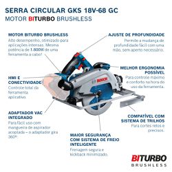 Serra Circular Bosch GKS 18V-68 GC Brushless 1800W 18V SB, com disco
