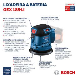 Lixadeira roto orbital à bateria Bosch GEX 185-LI, 18V SB Brushless