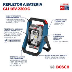 Refletor a bateria Bosch GLI 18V-2200C, 18V SB