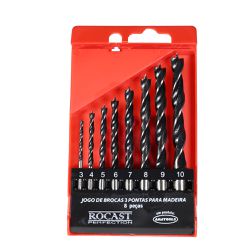 Jogo de Brocas 3 Pontas para Madeira 8 peças 3,0 a 10,0mm 53,0049 ROCAST