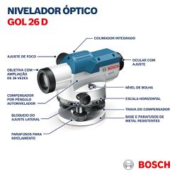 Nivel à laser óptico Bosch GOL 26 D, zoom de 26x, em maleta