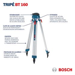 Tripé Bosch BT 160 Professional para nivelador, 1,6m
