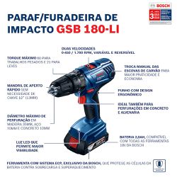 Parafusadeira Furadeira Bosch GSB 180-LI 18V 2B, maleta e ac