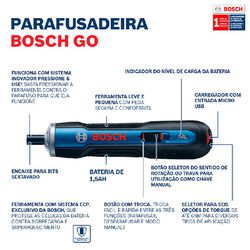 Parafusadeira a Bateria Bosch Go 3,6V BIVOLT com 32 Bits, 1 Cabo USB em Maleta