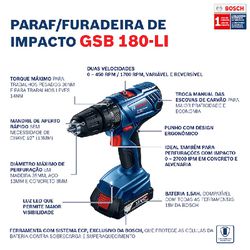 Kit Bosch Parafusadeira GSB 180-LI e Chave de Impacto GDX 180-LI