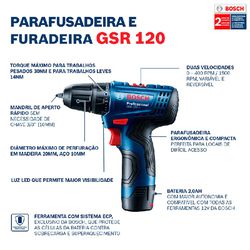 Parafusadeira e Furadeira a Bateria de 3/8'' Bosch GSR 120-LI, 12V, com 1 Bateria 2,0Ah e Carregador Rápido BIVOLT