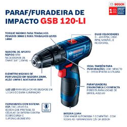 Parafusadeira e Furadeira de Impacto a Bateria de 3/8'' Bosch GSB 120-LI, 12V, com 1 Bateria 2,0Ah, 1 Carregador Rápido BIVOLT
