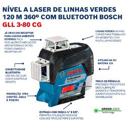 Nível a Laser de Linhas Verdes GLL 3-80 CG, Bluetooth, em maleta - Bosch 