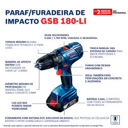 Parafusadeira Furadeira Impacto Bosch GSB 180-LI 18V 1 bateria e carregador