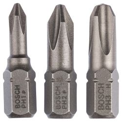 Jogo de Pontas para parafusar Bosch Phillips 25mm, 3 peças PH1, PH2, PH3 Extra Hard