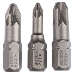 Jogo de Pontas para parafusar Bosch Pozidriv 25mm, 3 peças PZ1, PZ2, PZ3 Extra Hard